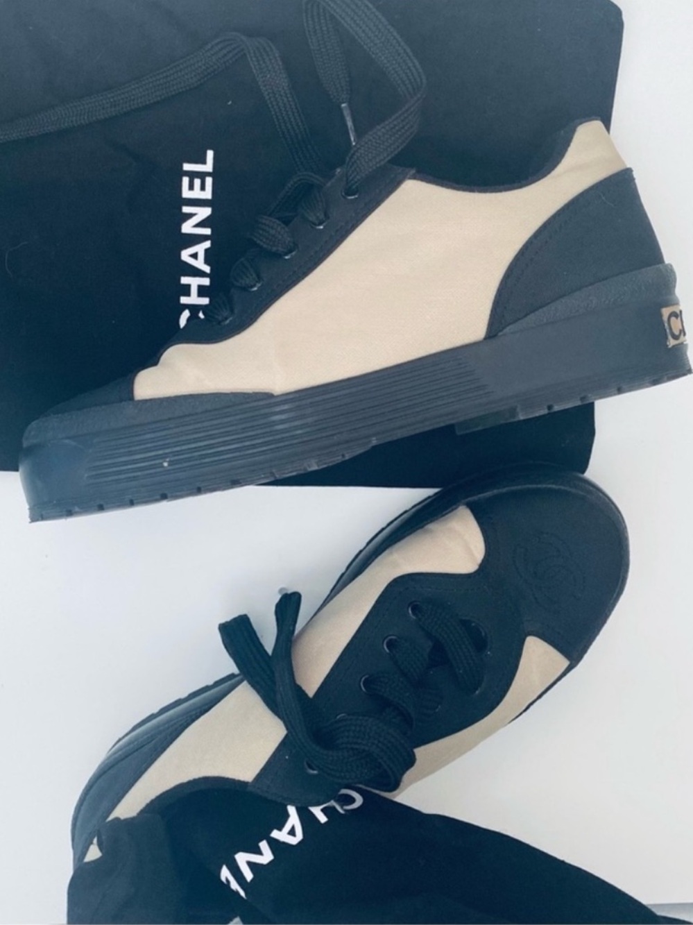 Chanel Beige And Black Nylon
Platform Sneakers Size 7 Authentic